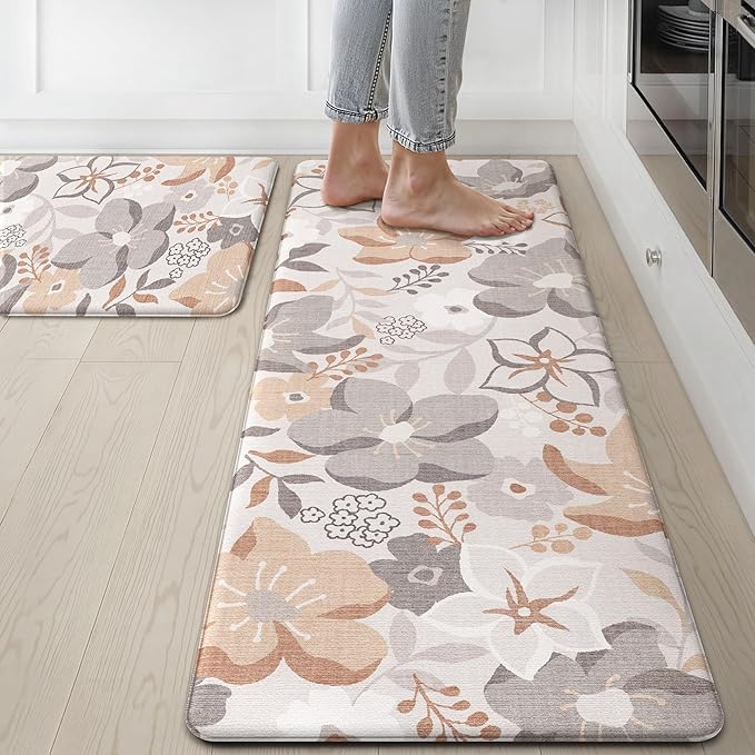 GENIMO Kitchen Mats for Floor 2PCS, Cushioned Kitchen Rugs Non Slip Washable, Farmhouse Anti Fatigue Mat Waterproof, Comfort Standing Mat Rug for Office, Home, Laundry, 17.3"x47"+17.3"x30", Grey