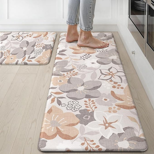 GENIMO Kitchen Mats for Floor 2PCS, Cushioned Kitchen Rugs Non Slip Washable, Farmhouse Anti Fatigue Mat Waterproof, Comfort Standing Mat Rug for Office, Home, Laundry, 17.3"x47"+17.3"x30", Grey