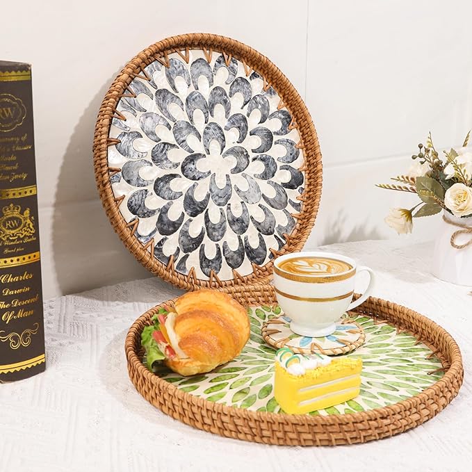 Round Rattan Serving Tray with Mother of Pearl Inlay & Coaster, Boho Wicker Basket, Decorative Coffee Table Tray for Table Decor, Storage and Display of Coffee Bread Fruit (Leaf)