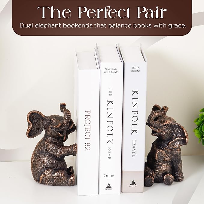 Decorative Vintage Elephant Bookends with Non-Slip Padding for Shelves to Hold Books - Heavy Duty Resin Book Holders for Bookshelf Decor, Home, Office, Living Room – 4” L x 4” W x 7”H