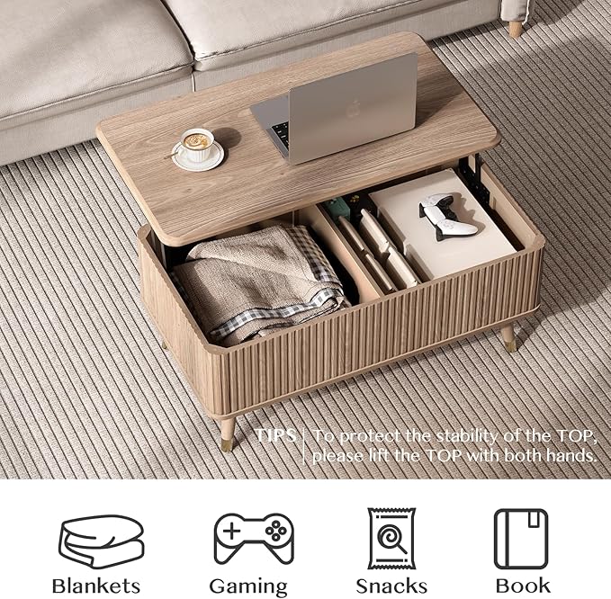 Lift Top Coffee Table, Mid Century Modern Coffee Table with Hidden Compartment, Fluted Lift Tabletop Center Table for Living Room, Home Office, Oak