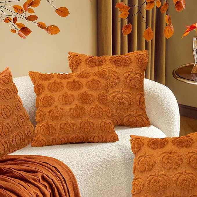 Pumpkin Fall Decorative Throw Pillow Covers 18"x18", Set of 2 Orange Soft Faux Fur Pillow Covers for Autumn Harvest, Fluffy Plush Accent Pillow Cases for Farmhouse Couch Cushion Covers