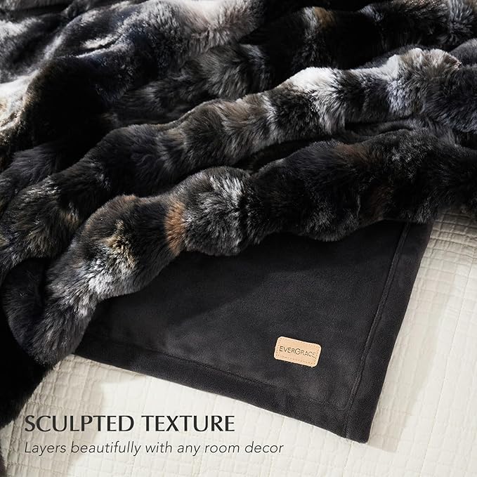 EverGrace Ultra Soft Luxury Fluffy Faux Rabbit Fur Throw Blanket, Thick Warm Bubble Throw for Bed, Cozy Plush Reversible Blankets for Couch, Chair, Sofa, Charcoal Grey Heather, 50x60 Inches
