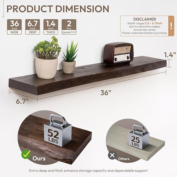 Marsmiles 36 inch Floating Shelves for Wall Elm Wood Live Edge Shelves|Rustic Wall Shelves with Invisible Heavy-Duty Bracket for Bathroom Living Room Kitchen|Walnut, 2 Pack
