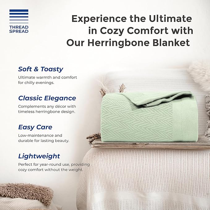 THREAD SPREAD Organic GOTS Cotton Blanket, Full/Queen - 350 GSM, Antistatic, Fuzzy Soft, Lightweight, Sofa, Camping & Travel, Perfect Herringbone All Seasons Throw, Sage Green + Stylish Bonus Tote Bag