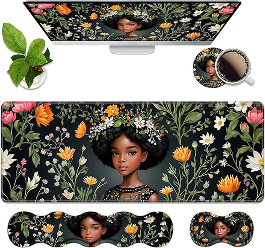 4 in 1 Ergonomic Memory Foam Mouse Pad Wrist Rest Set, Large XXL Gaming Desk Pad + Keyboard Wrist Rest + Mouse Wrist Cushion + Coaster for Home Office Study Gaming, African American Black Girl