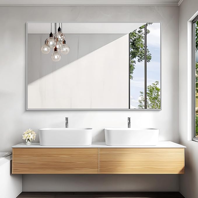KOCUUY Large Silver Bathroom Mirror, 55x36 inch Rectangular Mirror for Bathroom Sink, Oversized Mirror with Metal Brushed Nickel Frame for Living Room, Farmhouse, Entryway, Hang Horizontal/Vertical