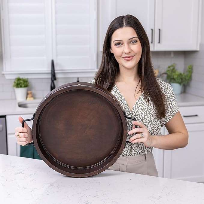 16" Large Round Ottoman Tray, Heavy Duty Mango Wood, for Serving Tea, Breakfast in Bed, Living Room Large Coffee Table Tray Rustic with Farmhouse Style, Decorative Handles and Accent Strap