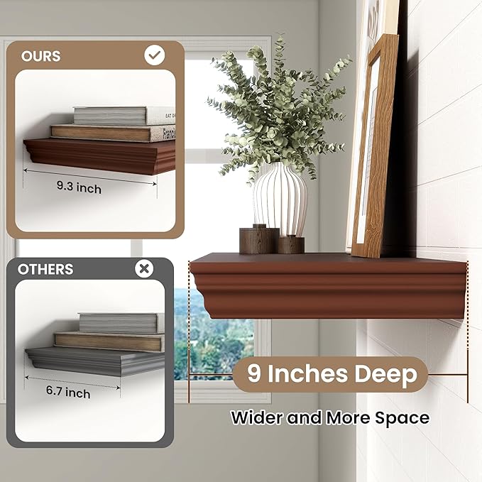 Axeman 72 Inch Floating Shelves for Wall, 9.3" Deep Crown Molding Wood Display Shelf with Heavy Duty Invisible Brackets for Living Room, Bedroom, Bathroom, Kitchen Decor & Storage, Set of 1, Walnut