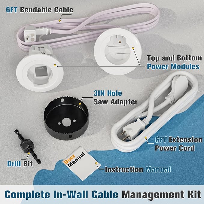 in Wall Cable Management Kit, Power & Low Voltage Wire Organizer with Hole Saw Drill for Easy TV Wall Mounting, TV Cord Hider for Wall & Clean Look