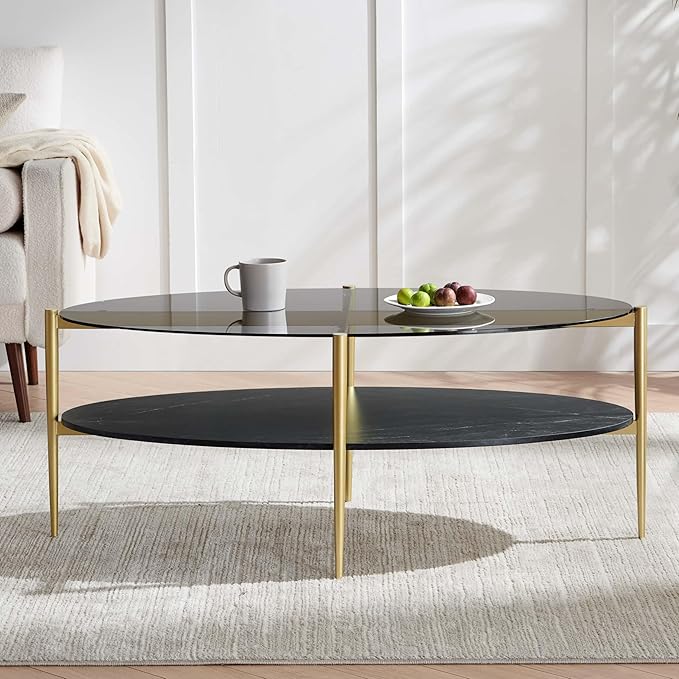 Oval Glass Coffee Table, Mid-Century Modern Design, L43 x W22 x H17 inch, Surfboard Shaped Grey Glass Top and Black Marble Finish Wood Shelf, Tapered Legs with Gold Finish Frame