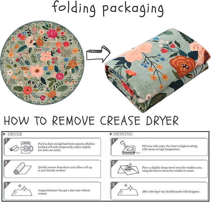 Rugcomf Round Rug 4ft Washable Circle Rug Non Slip Low Pile Boho Floral Small Circular Rug for Bedroom, Bathroom, Entryway, Kids Room, Office, College Dorm(Green)