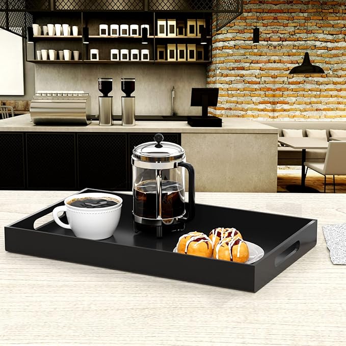 NIUBEE Acrylic Serving Tray 12x20 Inches -Spill Proof- Black Decorative Tray Organiser for Ottoman Coffee Table Countertop with Handles