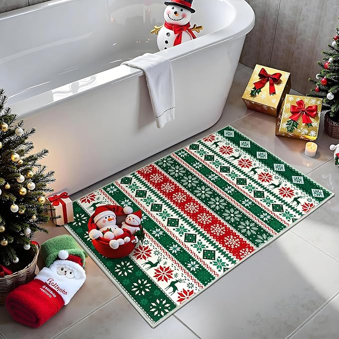 Small Entryway Area Rug 2x3 Christmas Rug Indoor Non-Slip Front Door Mat Washable Boho Rug Xmas Decorative Throw Floor Covers Farmhouse Geometric Festival Carpet for Living Room Bedroom, Green