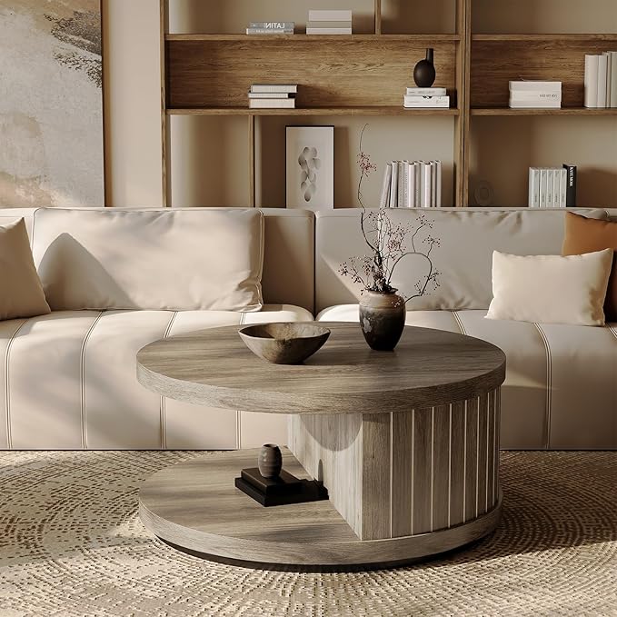 31-Inch Round Wood Coffee Table with Shelf for Living Room, 2-Tier Fluted Center Tea Tables with Wooden Circle Tabletop and Open Shelves for Home Apartment Small Spaces, Wash Gray