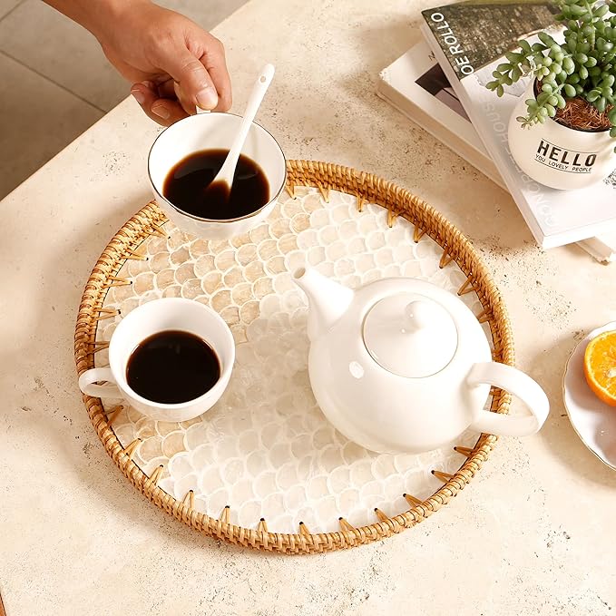 Round Rattan Tray with Mother of Pearl Inlay & Wooden Base - Decorative Wicker Serving Tray for Coffee/Bread/Fruits, Food Storage & Display - Multipurpose Home Decor (M,Fish Scales)