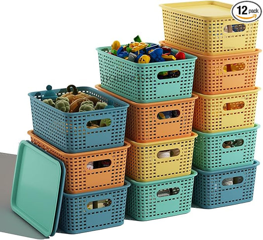 Colorful Plastic Storage Baskets with Lids 12 Pack Stackable Storage Bins Containers for Shelves Organizing, Colored Cute Decorative Storage Boxes for Classroom, Playroom, Closet, Pantry