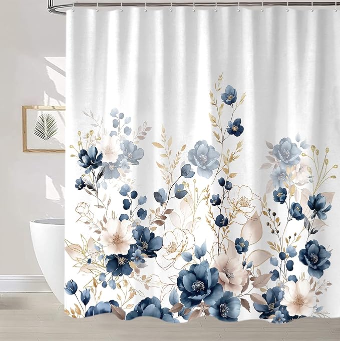 Sanzugh Navy Blue and Gold Flower Shower Curtain, Boho Watercolor Floral Leaves Cute Fabric Shower Curtains Set for Bathroom Decorative with Hooks 72 X 72 inch Beautiful Bath Decor