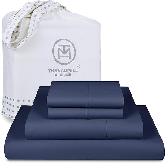 Threadmill Luxury 800 Thread Count California King 100% Cotton Sheets - Folkstone Blue Sateen Weave Bed-Sheets, Better Than Egyptian Cotton, 4 Pc Solid Bed Set, Fits 16" Deep Pocket