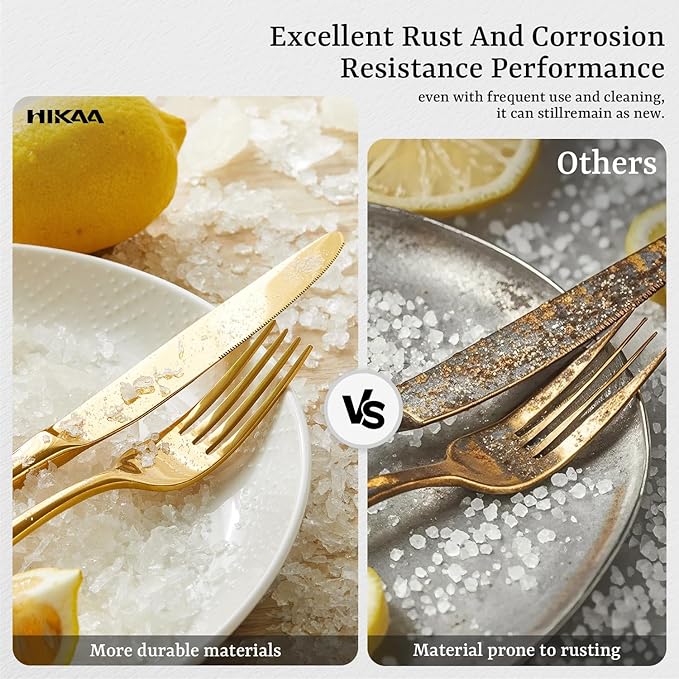 HIKAA Forged Silverware Set Stainless Steel Flatware Set,Service for 4,Matte Satin Polished Cutlery Set,Dishwasher Safe (Gold, 40PCS)