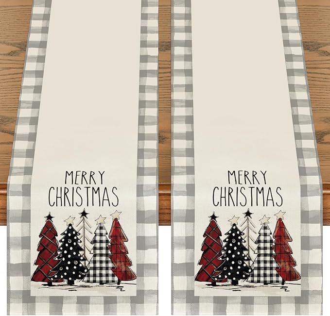 Artoid Mode Grey Buffalo Plaid Xmas Trees 2PCS Merry Christmas Table Runner, Seasonal Winter Holiday Table Decoration for Home Party Decor 13 x 72 Inch