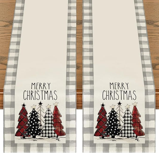 Artoid Mode Grey Buffalo Plaid Xmas Trees 2PCS Merry Christmas Table Runner, Seasonal Winter Holiday Table Decoration for Home Party Decor 13 x 72 Inch