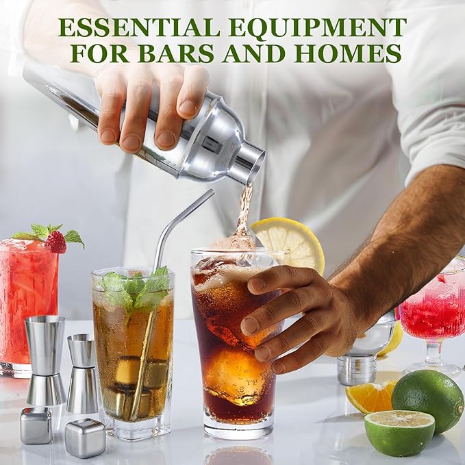 Cocktail Shaker Set, 23-Piece Stainless Steel Bartender Kit with Acrylic Stand & Cocktail Recipes Booklet, Professional Bar Tools for Drink Mixing, Home, Bar, Party (Include 4 Whiskey Stones)