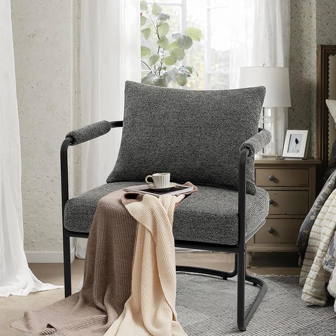 Mid-Century Modern Accent Chair, Comfy Upholstered Lounge Arm Chair with Chenille Fabric for Living Room, Bedroom, Apartment, Reading Corner, Office, Dark Grey
