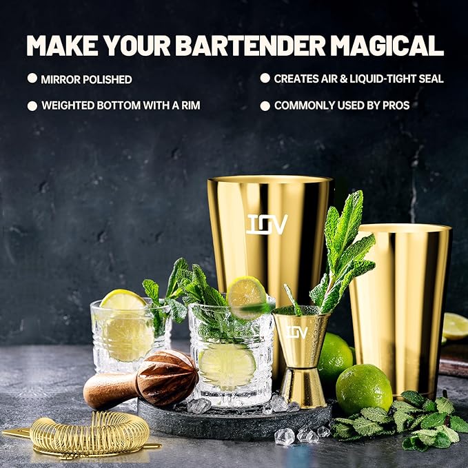 IOV Boston Cocktail Shaker Bar Set, Bartender Kit Drink Mixer Set with 18 oz & 28 oz Boston Shakers, Hawthorne Strainer, Double Jigger, Bar Tool Kit and Recipe Booklet - Gold
