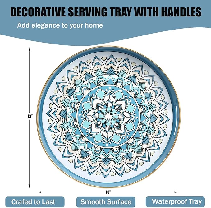 Round Cyan Decorative Tray for Coffee Table, Ottoman, 13” Plastic Serving Platter Tray with Handles for Entertaining, Living Room