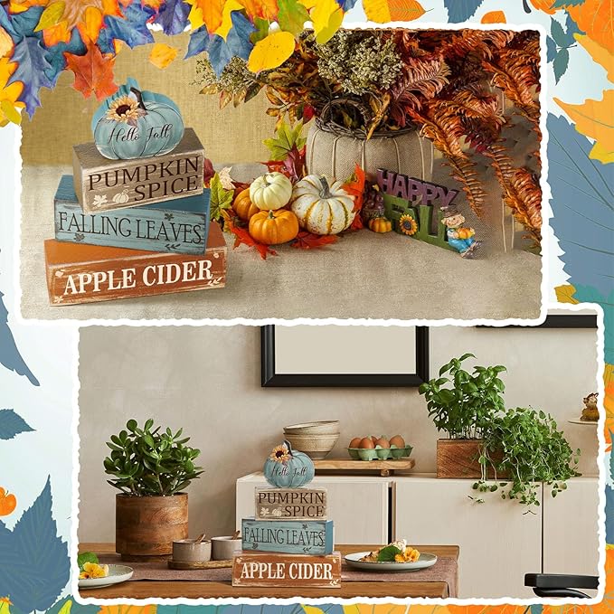 4 Pcs Fall Decor for Home Hello Fall Wooden Signs with Sunflower Autumn Thanksgiving Tiered Tray Decor Pumpkin Spice Tabletop Centerpiece Falling Leaves Block Signs for Office Kitchen Shelf