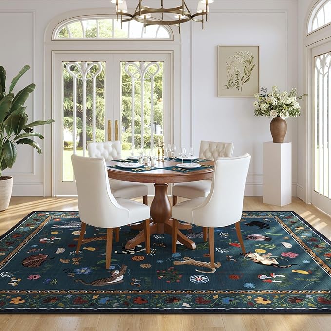 Rugcomf Living Room Rug 5x7 Rug Machine Washable Boho Area Rug Non Slip Floral Animal Cat Vintage Low Pile Large Rugs for Living Room Bedroom Farmhouse Dining Room Kids Playroom, Pearl Gentian Blue