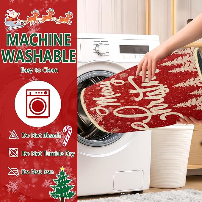 Christmas Snowflake Tree Kitchen Rugs and Mats Non Skid Washable Set of 2, Xmas Kitchen Mats for Floor Decor