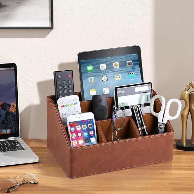 PU Leather Desk Organizer, Luxury Remote Control Holder for Home, Office Desk Accessories Table Caddy Bedside Nightstand Organizer (Brown)