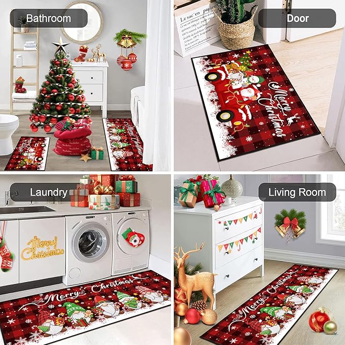 2 Piece Buffalo Plaid Christmas Gnome Themed Kitchen Rug Set, Soft and Absorbent Non-Slip Kitchen Floor Mats, Winter Merry Christmas Decor 17x30+17x47 Inches