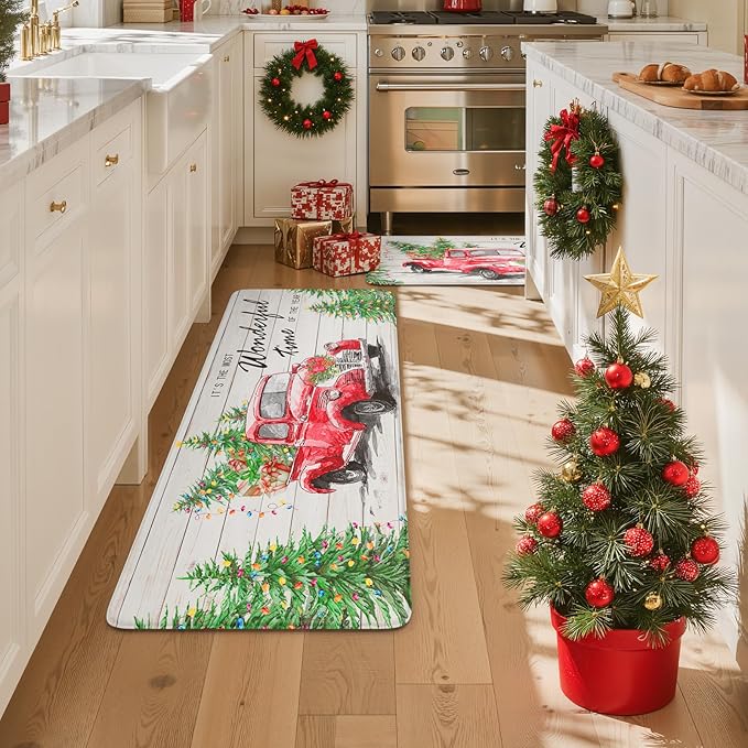 Christmas Truck Xmas Tree Kitchen Mat 2PCS, Cushioned Anti-Fatigue Non Skid Waterproof Kitchen Mats for Floor, Comfort Standing Mat Winter Decor for Office Desk Laundry, 17"x30"+17"x47"