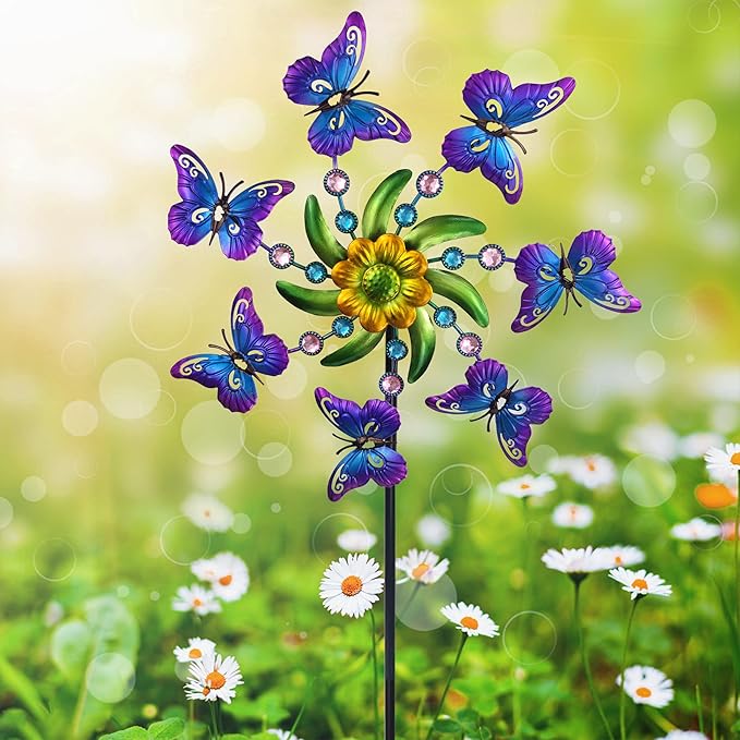 39" Butterfly Wind Spinner for Yard and Garden Stake,Outdoor Metal Windmill,Single Direction Wind Sculptures, Kinetic Windmills for Garden Decorations.