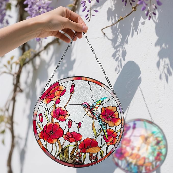 8 Inch Hummingbird Stained Glass Suncatchers for Window Hanging Decor Art Gift for Hummingbird Lovers Wall Hanging Ornament Ideal Festival Gift