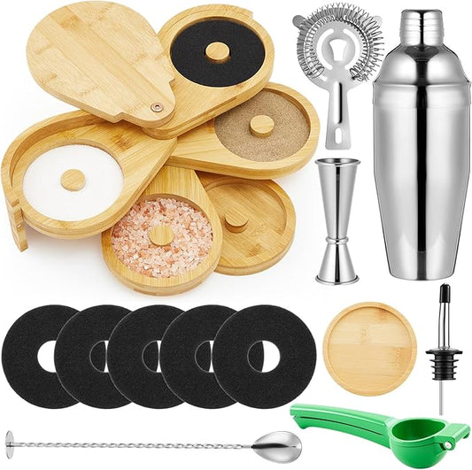 Mifoci 9 Pcs Bamboo 5 Tier Margarita Salt Rimmer Set, Cocktail Shaker Set Bartender Kit, Measuring Jigger, Mixing Spoon, Citrus Squeezer, Ice Filter, Coasters, Bar Accessories for House Party Gift