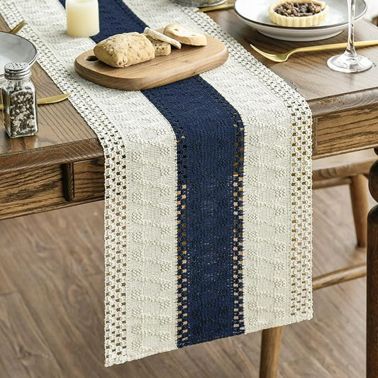 Artoid Mode Dark Blue Farmhouse Rustic Table Runner, Seasonal Holiday Hollow Kitchen Dining Table Decoration for Home Party Decor 12x120 Inch