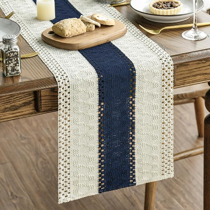 Artoid Mode Dark Blue Farmhouse Rustic Table Runner, Seasonal Holiday Hollow Kitchen Dining Table Decoration for Home Party Decor 12x48 Inch