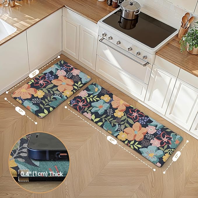 GENIMO Kitchen Mats for Floor 2PCS, Cushioned Kitchen Rugs Non Slip Washable, Farmhouse Anti Fatigue Mat Waterproof, Comfort Standing Mat Rug for Office, Home, Laundry, 17.3"x47"+17.3"x30", LightBlack