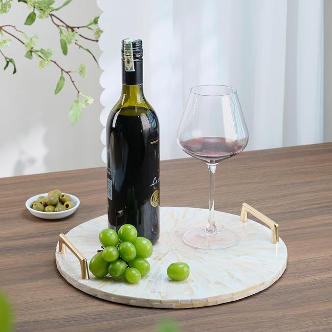 PEMAR Mother of Pearl Decorative Tray, 13" Round Display & Serving Tray with Gold Handles, Vanity/Perfume/Trinket Catchall for Dresser, Bathroom, Vanity Table (White Cream Sunlight Starburst Pattern)