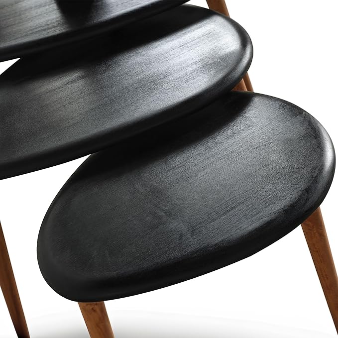Solid Wood Nesting Coffee Table Set of 3 - Mid Century Modern Pebble Tables with Tapered Legs – Wooden Home Furniture in a Retro Style (Black)