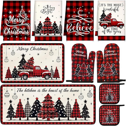 10 Pcs Christmas Kitchen Decor Set Kitchen Towels and Rugs Oven Mitts Pot Holders Absorbent Towels for Baking Cooking BBQ Gifts Home Decor(Red,Christmas Tree)