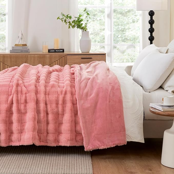 Cozy Bliss Fluffy Faux Fur Blanket Queen Size for Bed, Fuzzy Soft Striped Plush Blanket, Thick Throw for Bedroom Couch Gift, 90x90 Inches Pink