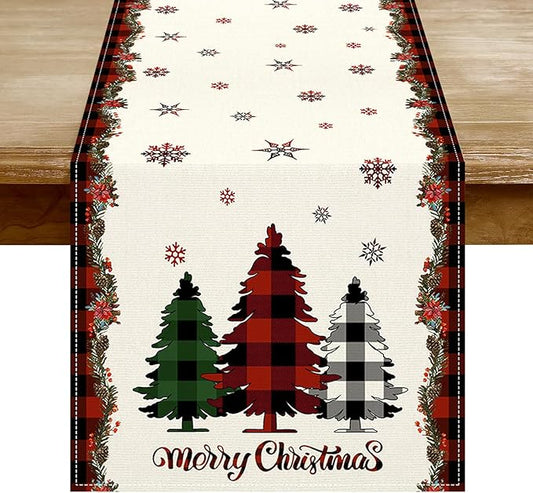 Christmas Table Runner - Xmas Tree Snowflakes Pine Needles Winter Holiday Decorative Farmhouse Table Decorations for Kitchen Dinning, Indoor Outdoor Dinner Party Decor 13x72 Inch