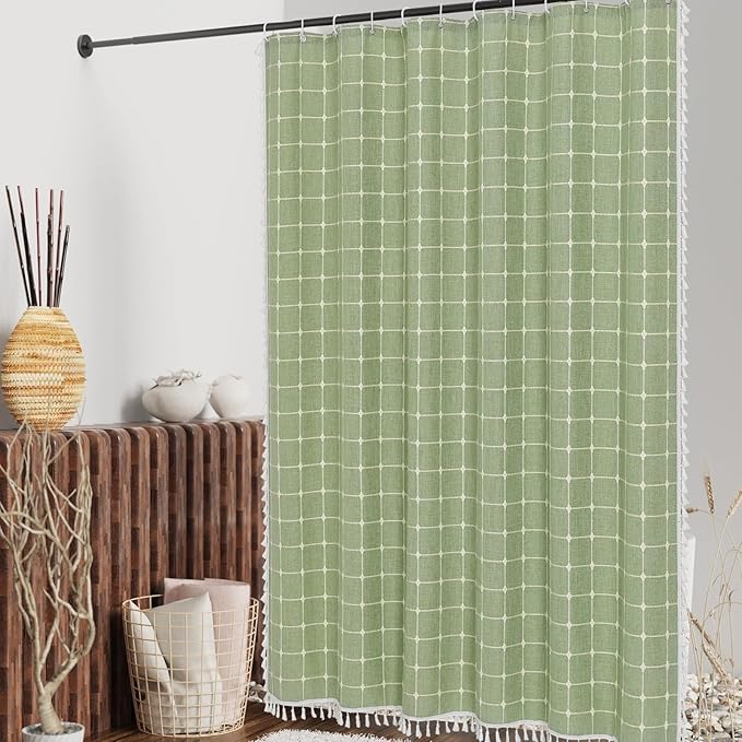 MitoVilla Sage Green Boho Farmhouse Shower Curtains for Modern Country Bathroom Decor, Thick Polyester Linen Fabric Shower Curtain, Rustic Neutral Weave Cloth Shower Curtain, 72 x 72