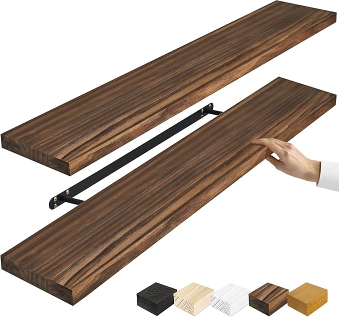 Sorbus Wood Floating Shelves for Wall - 35” Solid Wood Wall Shelves for Bathroom Decor, Books, Bedroom & Living Room - Set of 2 Walnut Wall Mounted Kitchen Shelves - Durable Solid Pine