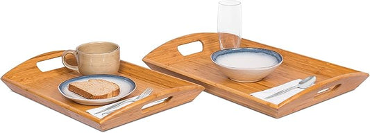 BIRDROCK HOME Breakfast Serving Tray with Handles - Set of 2 - Natural Bamboo - Wood - Food - Breakfast Tray - Party Platter - Nesting - Kitchen and Dining